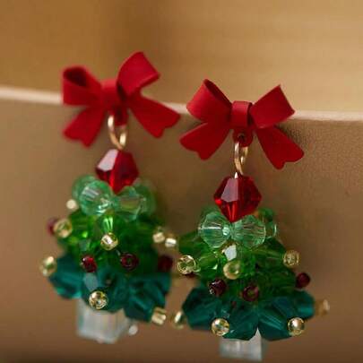 1 对时尚圣诞树、星星、蝴蝶结、铃铛几何圣诞老人耳环，适合任何场合的女性，圣诞礼物情人节