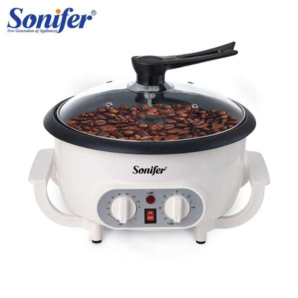 SONIFER Sonifer Elektrischer Kaffeeröster, Leistung 800W, Kapazität 750g, Konstante Temperatur Kaffeeröster mit Doppelklingen für gleichmäßiges Rühren, mit Temperatur- und Zeiteinstellung, wärmeisoliertes Gehäuse, verstärkter Glasdeckel
