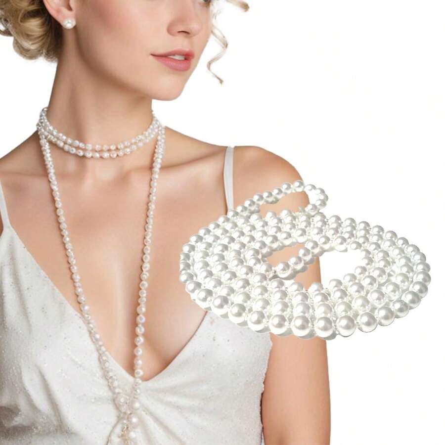 Collar Perlas Charleston Accesorio Vintage Disfraz - Marfil - Ver 1