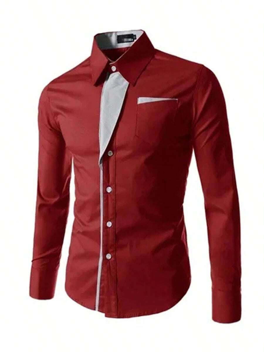 Men's Dress Shirt Short Sleeve Slim Fit Long Casual - 紅色 - 查看 1