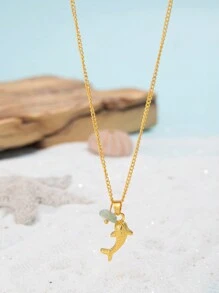 1 件流行女士时尚海滩和海洋主题个性化鲨鱼天然石吊坠项链，是婚礼、订婚派对、万圣节的理想礼物 - 金色 - 查看 4