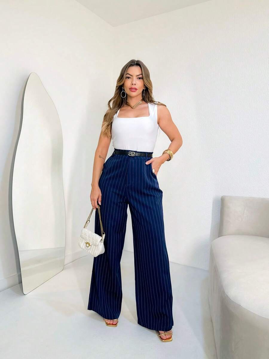 Striped Wide Leg Pants With Belt/AL844 - Azul - Ver 1