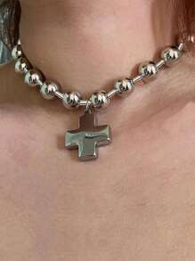 1pc Fashionable Titanium Steel Silver Ball Beaded Cross Pendant Necklace, Daily Wear Gift For Women - Silver - View 11
