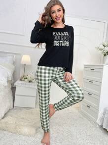 2pcs Women's Casual Letter & Plaid Print Crew Neck Long Sleeve Pajama Set, Autumn & Winter - Multicolor - View 2