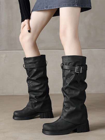 Fall/Winter 2025 2024 New Vintage Mid-Heel Fashion Boots Women, Distressed Leather Strap Buckle Knee-High Boots,Low Chunky Heel Cowgirl Western Boots,Black Boots