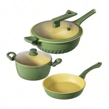 Avocado Green Frying Pan, Cooking Pot 5 Pieces Set, Dark Colored Cookware Set Seafood Boil - Avocado Green - View 1