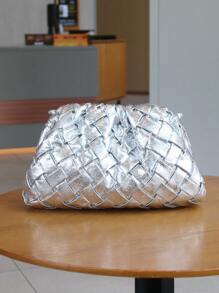 Túi mây dệt thủ công thời trang mới 2025, Túi đeo vai/đeo chéo/túi cầm tay hình bánh bao vàng xếp ly - Bạc - Xem 7