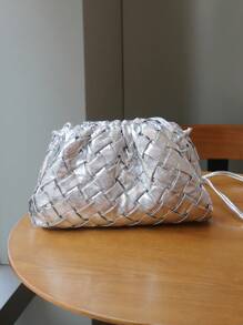 Túi mây dệt thủ công thời trang mới 2025, Túi đeo vai/đeo chéo/túi cầm tay hình bánh bao vàng xếp ly - Bạc - Xem 4