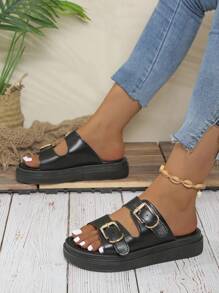 Women Fashion Strap Casual Thick Sole Flat Slip-On Sandals With Buckle, Summer