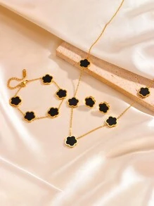 Juego de joyería de 4 piezas de acero inoxidable con flor de 5 pétalos: 1 collar + 1 pulsera + 2 aretes, accesorios de moda elegantes para mujeres, San Valentín, mamá, madre, Día de la Madre, regalo