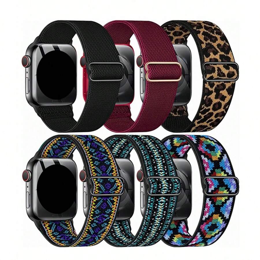 6pcs/Set Woven Single Loop Watch Bands, Compatible With Apple Watch Ultra 38mm 40mm 41mm 42mm 46mm 44mm 45mm 49mm, Unisex; Elastic Nylon Strap, Fit For Apple Watch Series 10/9/8/7/6/5/4/3/2/1/SE/Ultra; 18mm/20mm/22mm Universal Nylon Elastic Watch Strap, Compatible With Samsung Galaxy Watch - Multicolor - View 1