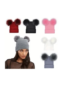 1pc 时尚新款双毛球针织帽多色套头帽秋冬季保暖防风不限性别年龄 - A - 查看 12