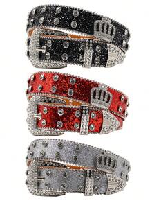 皇冠皮革 PU 铆钉腰带 时尚水钻女士铆钉腰带 高品质女式真皮摇滚女士牛仔裤腰带 - 彩色 - 查看 1