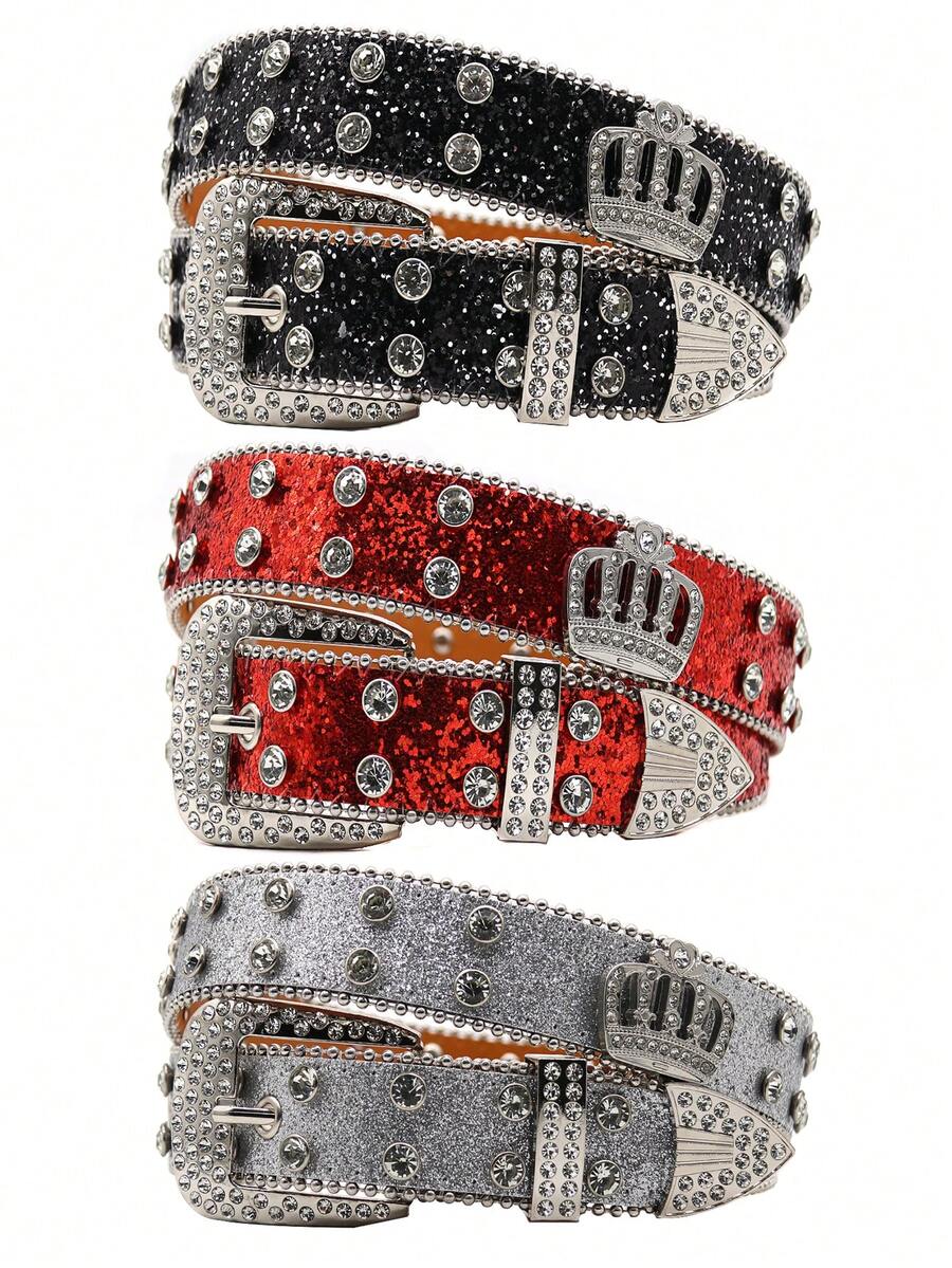 皇冠皮革 PU 铆钉腰带 时尚水钻女士铆钉腰带 高品质女式真皮摇滚女士牛仔裤腰带 - 彩色 - 查看 1