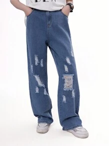 Calças Retas Folgadas e Desgastadas para Adolescentes, Calças Capri Casuais Estilo Urbano, Material Leve