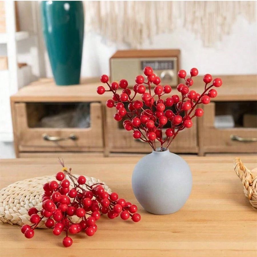 8pcs/16pcs Artificial Holly Berry Christmas Decorations Home Holiday Floral Arrangement - Red - View 1
