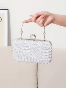 1pc Luxury Personalized Pearl Handbag With Ring Handle, Elegant Bridal Clutch Purse, Classic Pearl Shoulder Chain Evening Bag, Perfect For Fashionable Women Attending Weddings, Birthdays, Graduations, Galas & More - White - View 4