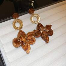 1 对复古醋酸纤维花形耳钉 - 棕色 - 查看 4
