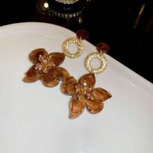 1 对复古醋酸纤维花形耳钉 - 棕色 - 查看 2