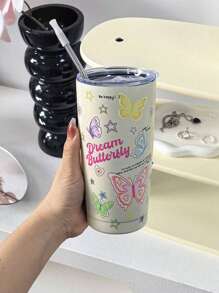 1 件双层不锈钢杯，带蝴蝶、星星、心形图案、咖啡杯、旅行杯、水瓶、汽车杯、周年纪念礼物、万圣节/生日/圣诞节礼物，适合任何场合（不含吸管） - 白色 - 查看 6