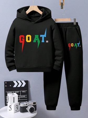 男童字母印花羊毛连帽衫和运动裤套装