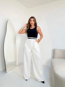 Striped Wide Leg Pants With Belt/AL844 - Blanco - Ver 1