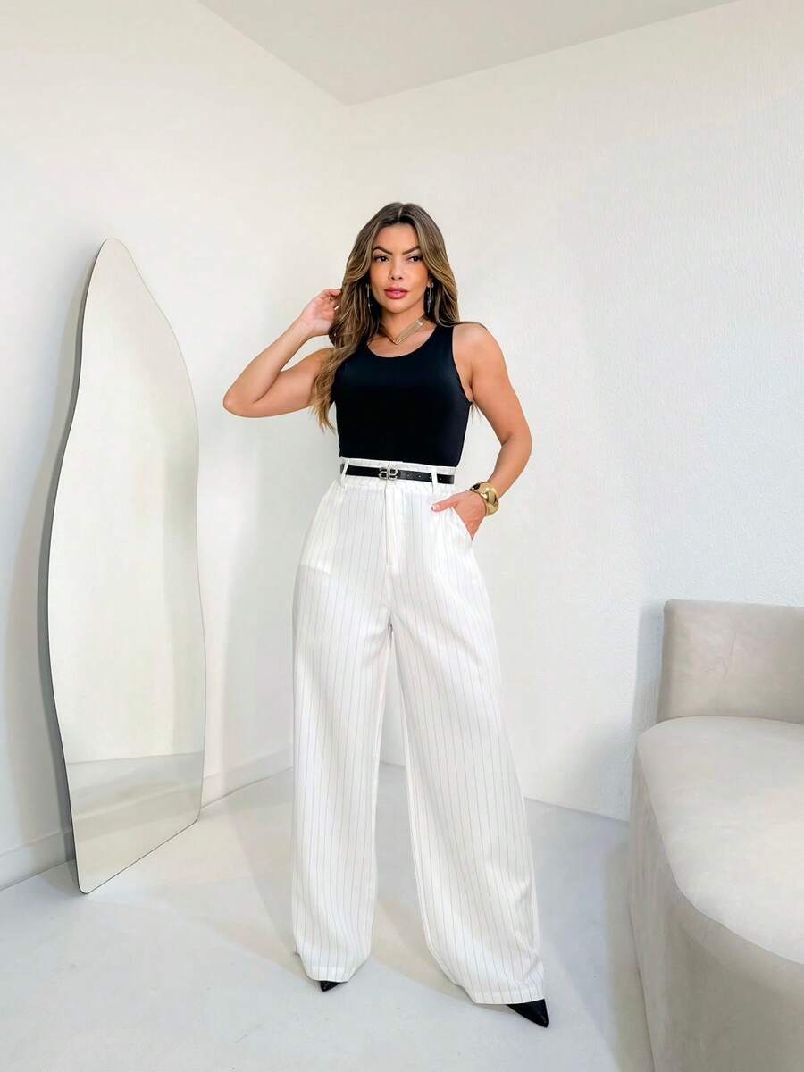 Striped Wide Leg Pants With Belt/AL844 - Blanco - Ver 1