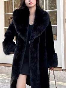 Women's Luxury Solid Color Faux Fur Long Collar Coat, An Ideal Choice For Winter - Black - View 2