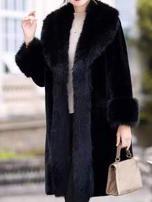 Women's Luxury Solid Color Faux Fur Long Collar Coat, An Ideal Choice For Winter - Black - View 5