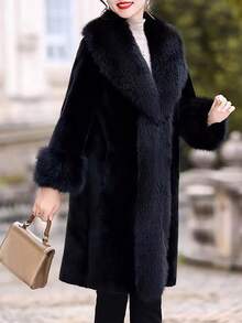 Women's Luxury Solid Color Faux Fur Long Collar Coat, An Ideal Choice For Winter - Black - View 4