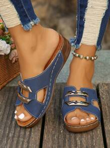 Plus Size US 6-12 Summer New Fashion Versatile Navy Blue Metal Buckle Open Toe Women Platform Wedge Sandals, Casual Daily/Beach/Vacation Lightweight Comfortable Slip-On