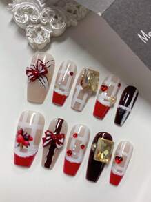 10 Pieces Medium-Length Coffin-Shaped Handmade Exquisite False Nails In Autumn And Winter Red, Curved French Edge Design, Strawberry Stripe Print, Champagne Square Rhinestone Bow Heart Small Rhinestone Jewelry Stickers, New Year Christmas Style, Fashionable Nail Set, Holiday Party, Daily Wear, Suitable For Women & Girls, Comes With Jelly Glue And Rubbing Strips. Press On Nails Nail Supplies Nails