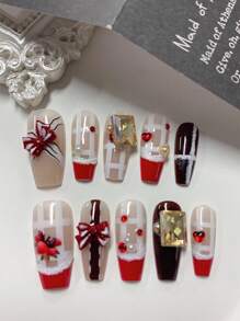 10 Pieces Medium-Length Coffin-Shaped Handmade Exquisite False Nails In Autumn And Winter Red, Curved French Edge Design, Strawberry Stripe Print, Champagne Square Rhinestone Bow Heart Small Rhinestone Jewelry Stickers, New Year Christmas Style, Fashionable Nail Set, Holiday Party, Daily Wear, Suitable For Women & Girls, Comes With Jelly Glue And Rubbing Strips. Press On Nails Nail Supplies Nails