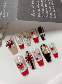 10 Pieces Medium-Length Coffin-Shaped Handmade Exquisite False Nails In Autumn And Winter Red, Curved French Edge Design, Strawberry Stripe Print, Champagne Square Rhinestone Bow Heart Small Rhinestone Jewelry Stickers, New Year Christmas Style, Fashionable Nail Set, Holiday Party, Daily Wear, Suitable For Women & Girls, Comes With Jelly Glue And Rubbing Strips. Press On Nails Nail Supplies Nails