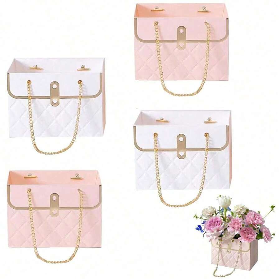 4 CÁI / Hộp quà tặng giấy hoa ngày lễ tình nhân, Xô đựng hoa cưới Túi xách đựng hoa có dây xích kim loại Hộp hoa Túi gói quà cho tiệc cưới sinh nhật lễ hội tiệc tùng
