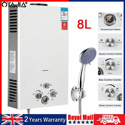 OYAJIA 8L LPG Propane Gas Water Heater, 13.6kW Portable Tankless Instant Hot Water Heater Boiler Burner With Stainless Steel Shower Head Kit For Small Homes RV's Sailboats Cabins Camping, White