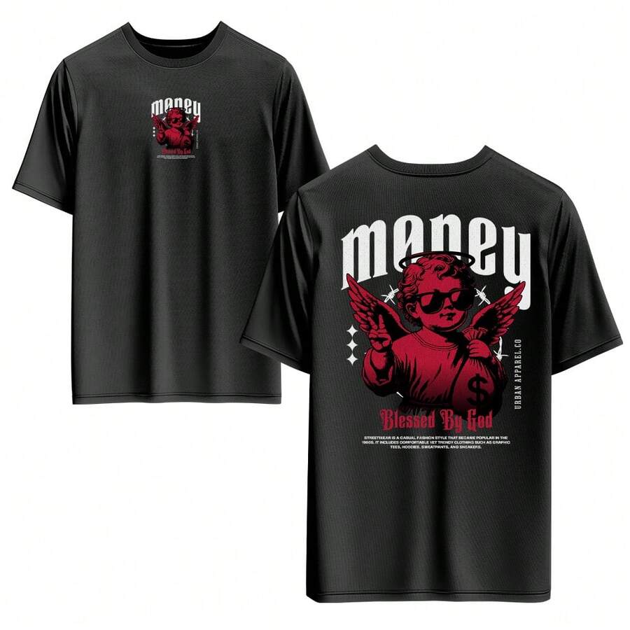 Unisex T-Shirt 100% NEW Cotton Front And Back Print Streetwear Round Neck. - 黑色 - 查看 1