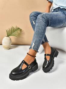 Women's Solid Color Fashion Slip-On Metal Buckle Decor Thick Sole Shoes, Classic Black Daily Wear Loafers, College Style