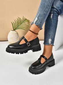 Women's Solid Color Fashion Slip-On Metal Buckle Decor Thick Sole Shoes, Classic Black Daily Wear Loafers, College Style
