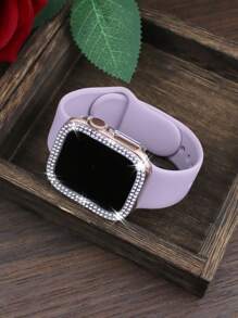 Compatible With Apple Watch Bands And Cases Of 38mm, 40mm, 41mm, 42mm, 44mm, 45mm, 46mm, And 49mm. Features A Soft, Sporty, And Casual Silicone Band With A Double-Row Rhinestone-Encrusted, Shock-Proof, And Scratch-Resistant Hard PC Perforated Protective Case. Compatible With Apple Watch Ultra/11/10/9/8/7/6/5/4/3/SE Women's Fashion Bands And Cases. Easy To Wear And With Sensitive Touch Controls! - Purple Strap + Transparent Case - View 2
