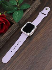 Compatible With Apple Watch Bands And Cases Of 38mm, 40mm, 41mm, 42mm, 44mm, 45mm, 46mm, And 49mm. Features A Soft, Sporty, And Casual Silicone Band With A Double-Row Rhinestone-Encrusted, Shock-Proof, And Scratch-Resistant Hard PC Perforated Protective Case. Compatible With Apple Watch Ultra/11/10/9/8/7/6/5/4/3/SE Women's Fashion Bands And Cases. Easy To Wear And With Sensitive Touch Controls! - Purple Strap + Transparent Case - View 5