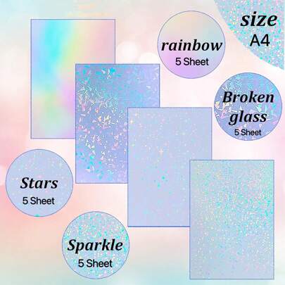 20张A4尺寸全息贴纸，透明乙烯基自粘防水彩虹全息覆膜，4种混合款式 - 不可打印