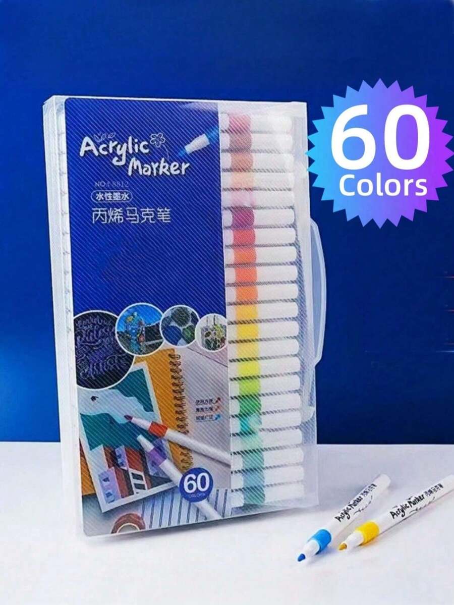 60 Colors WaterBased Acrylic Marker Pens, And Odorless, Washable, For