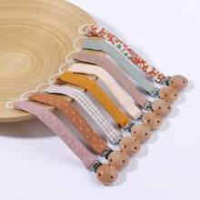 1pc Baby Fashion Printed Plaid Polka Dot Stripe Silicone Pacifier Chain & Wooden Pacifier Clip, Suitable For Daily Use - Multicolor - View 1