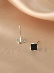 S999 Pure Silver Square Earrings For Women, Black Oil Drop Compact And Delicate Design, Hypoallergenic Suitable For Daily Wear