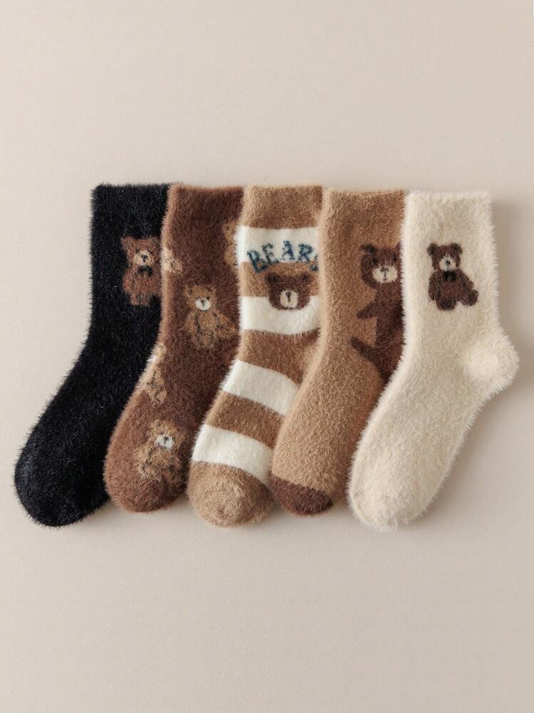 1/3/5 Pairs Random Delivery Women's Colorful Plush Bear Pattern Comfortable Thickened Warm Crew Socks For Home