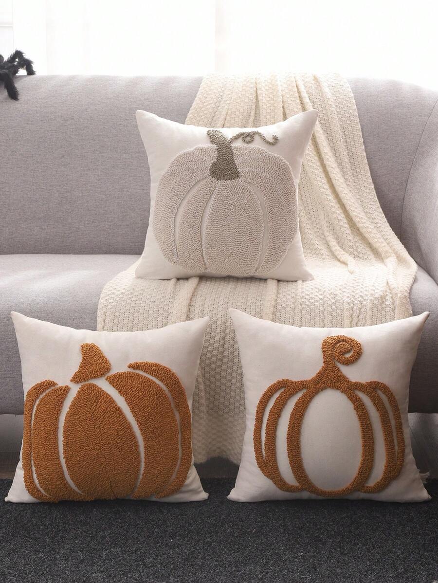 Miater 1pc Plush Pumpkin Embroidered Pillow Cover, Thanksgiving Decoration For Living Room & Bedroom