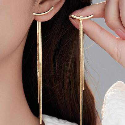 1pair Minimalist Design Long Tassel Snake Bone Chain Earrings