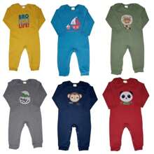 Kit 2 Long Baby Rompers With Snap Button Cuffs, Boy And Girl, Cotton, Suede, Sizes P M G GG, Wholesale Layette, Assorted Prints And Colors - 查看 5