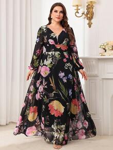 Đầm Maxi dài tay có cổ tim cỡ lớn dành cho nữ, họa tiết hoa ngẫu nhiên, tay áo dài, dây rút eo, mềm mại và thoải mái, phù hợp cho các dịp hàng ngày, thường ngày, ngày lễ - màu đen - Xem 4